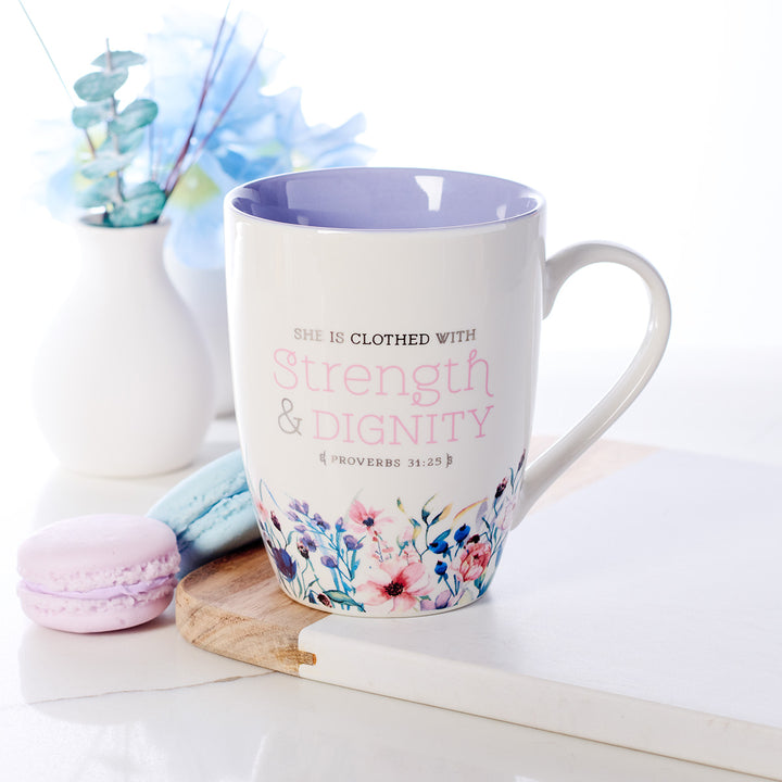 Strength & Dignity Soft Lilac Interior Ceramic Mug - Proverbs 31:25