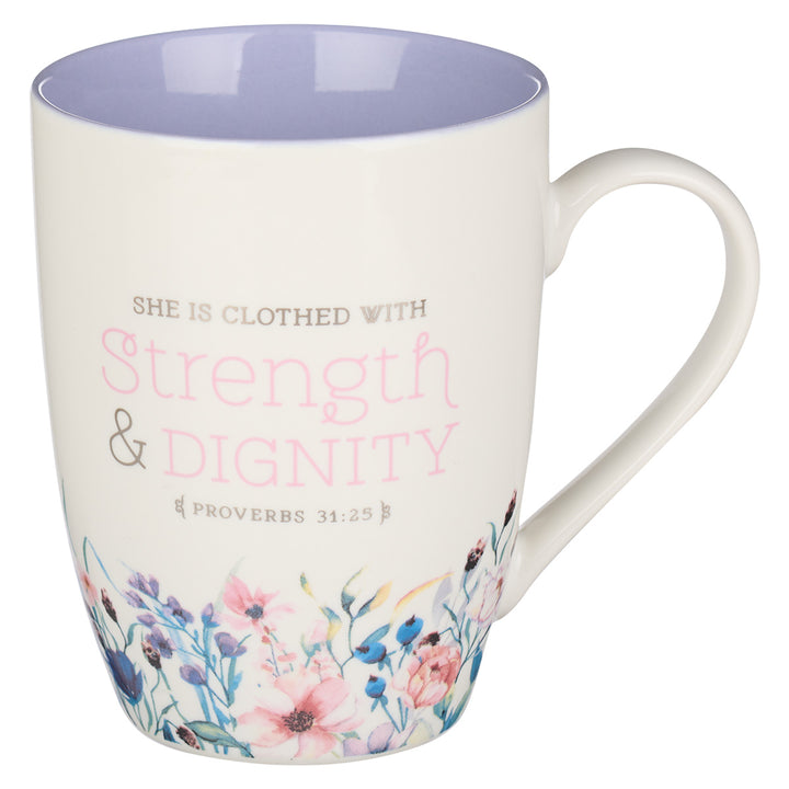 Strength & Dignity Soft Lilac Interior Ceramic Mug - Proverbs 31:25