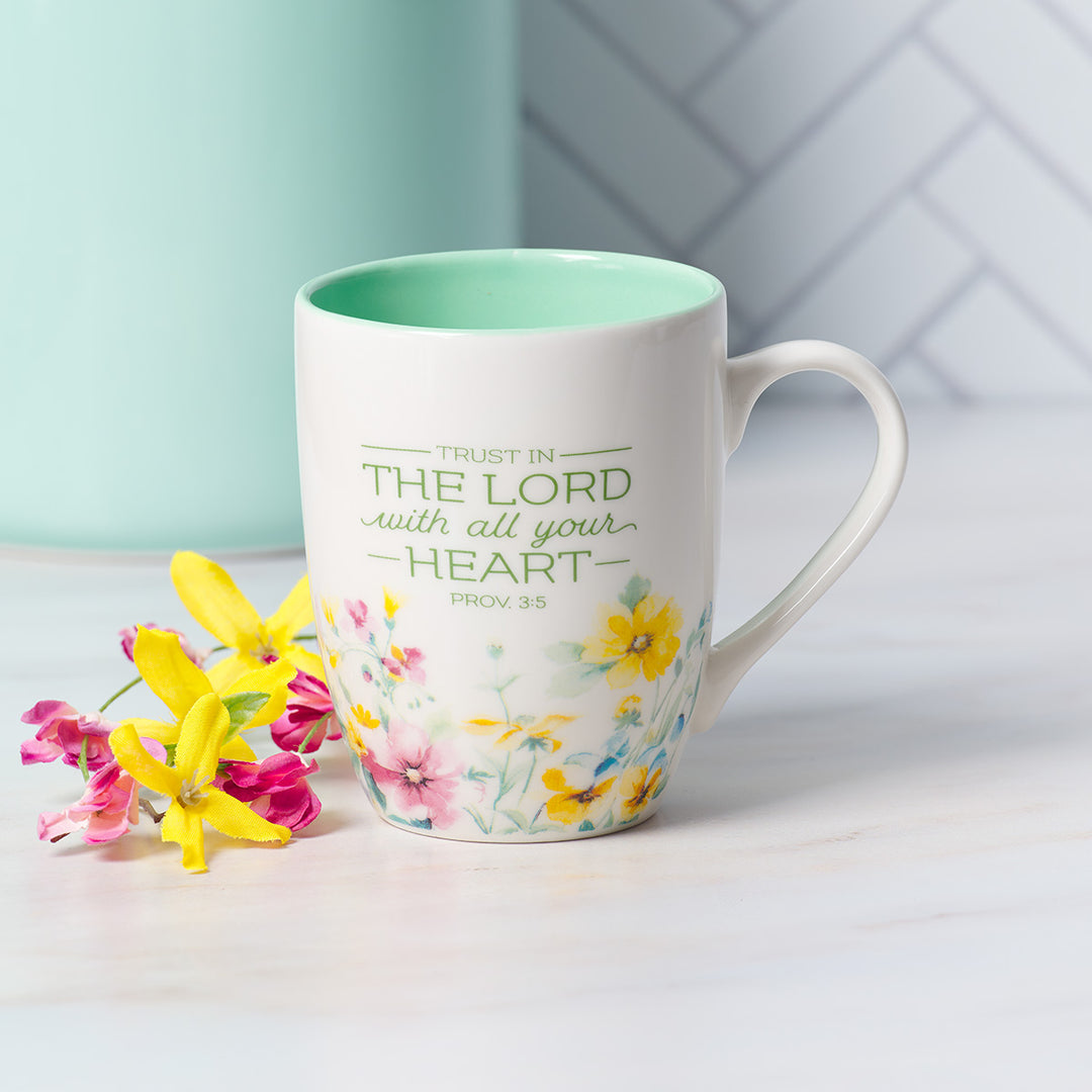 Trust In The Lord With All Your Heart Floral Ceramic Mug With Green Interior - Prov 3:5-6
