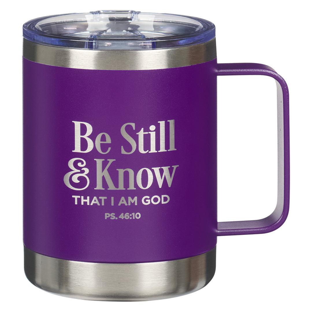 Be Still and Know That I Am God Purple Stainless Steel Camp Style Mug
