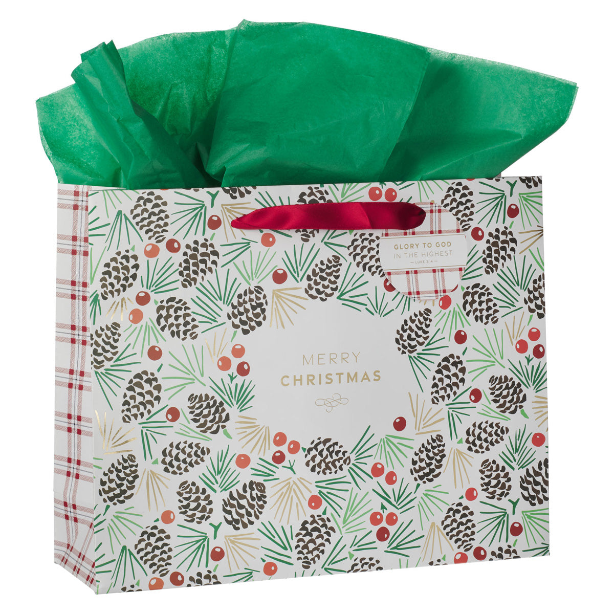 Merry Christmas Landscape Gift Bag with Plaid Gift Tag