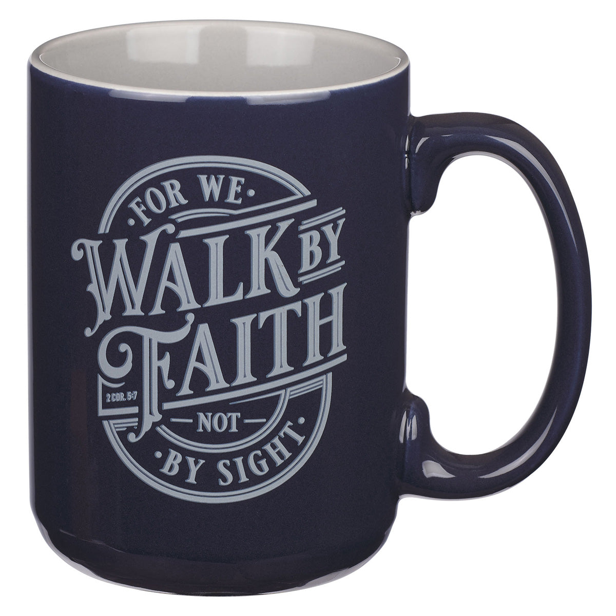 For We Walk by Faith Not by Sight Navy Ceramic Mug with Grey Interior