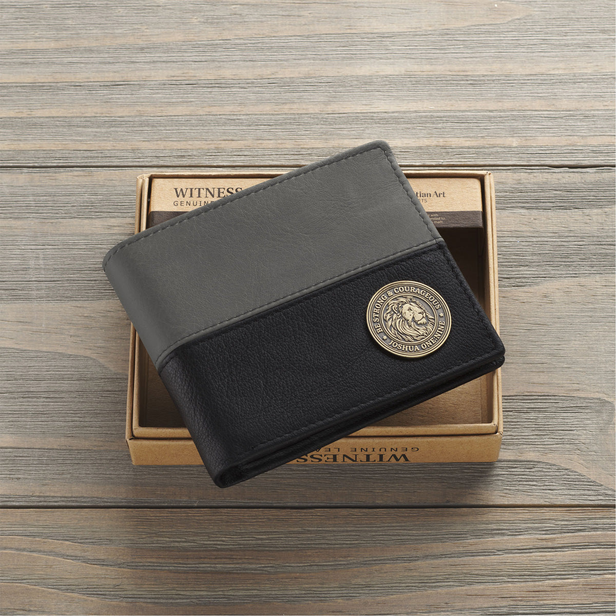 Be Strong and Courageous Lion Grey Genuine Leather Wallet