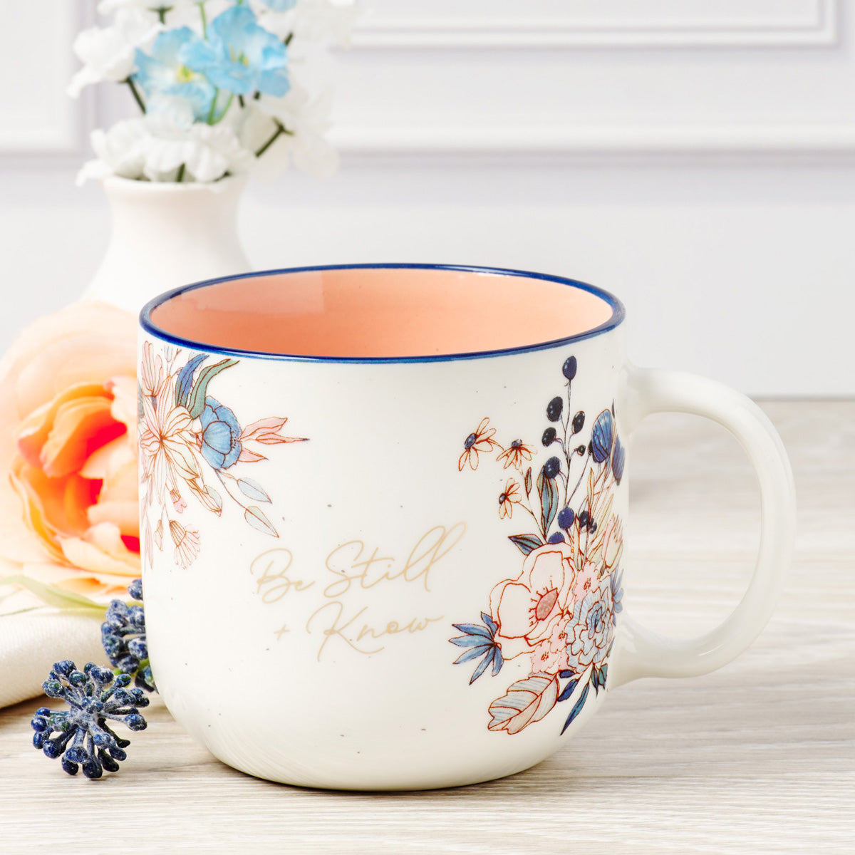 Be Still and Know Floral Ceramic Mug with Peach Interior