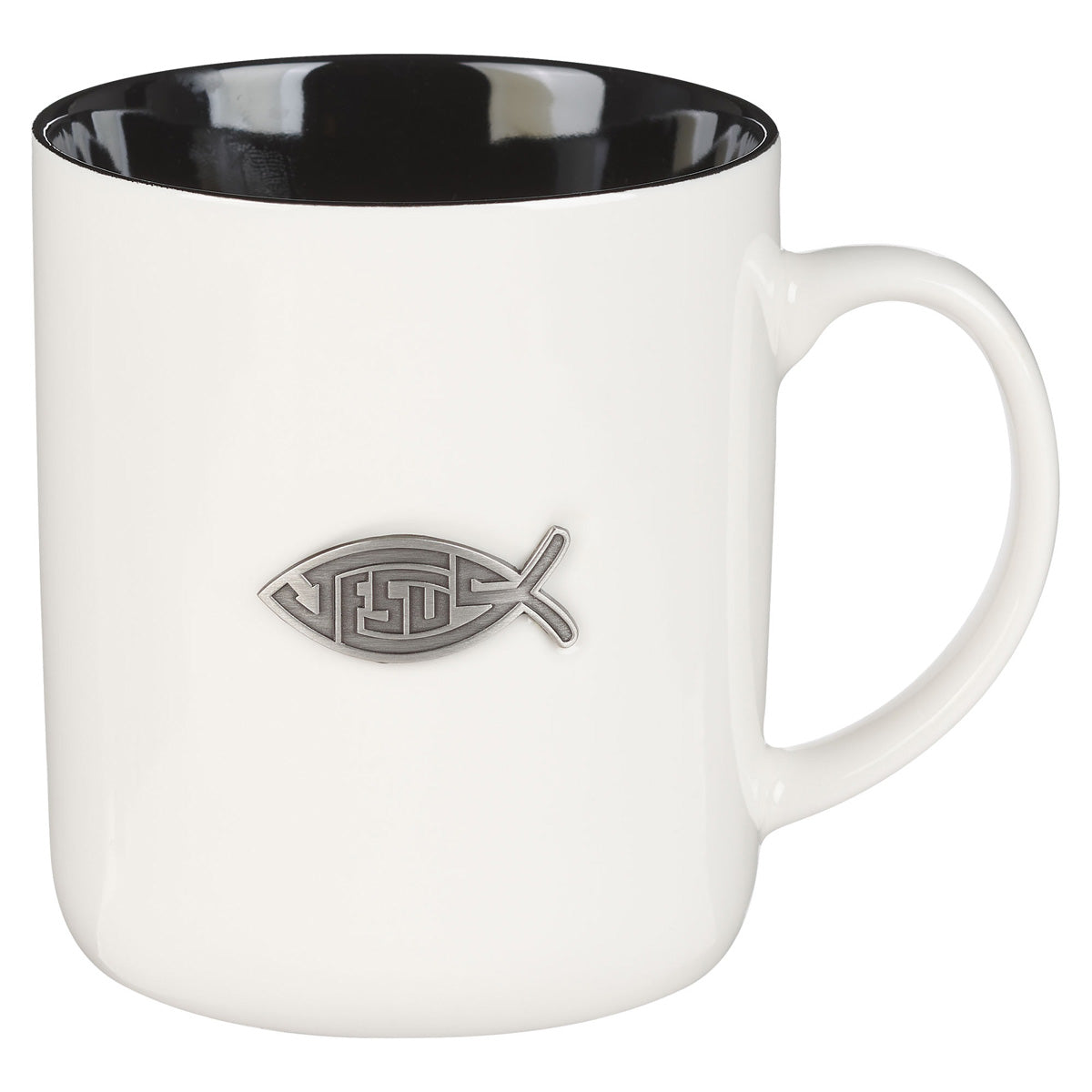 Jesus Badge White Ceramic Mug with Black Interior