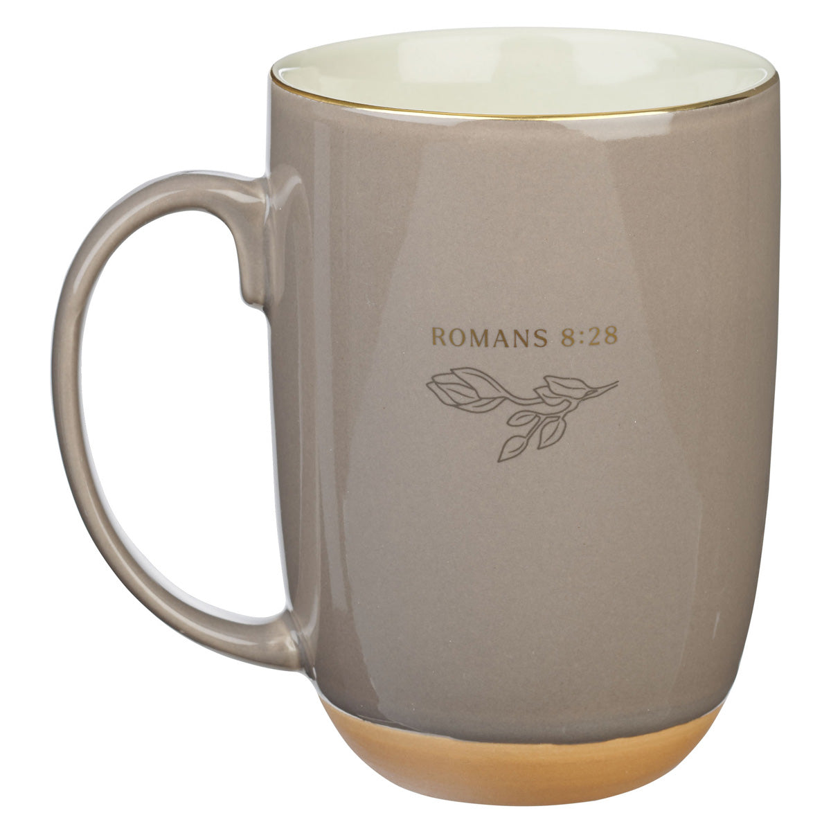God Works Together All Things for Good Taupe Ceramic Mug with Cream Interior