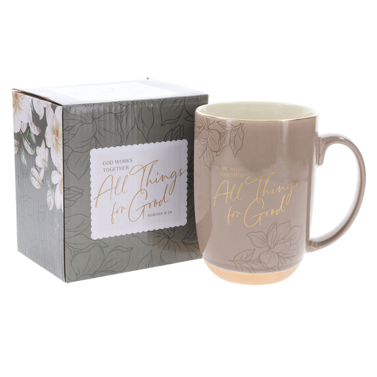 God Works Together All Things for Good Taupe Ceramic Mug with Cream Interior