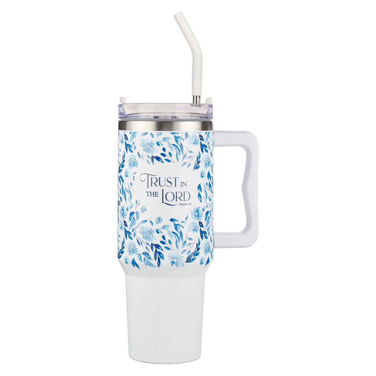 Travel Mug - Trust in the Lord (Stainless Steel, White & Blue Floral, Large)