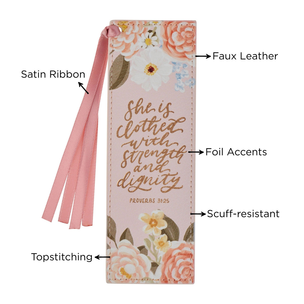 She Is Clothed with Strength and Dignity Pink Faux Leather Bookmark