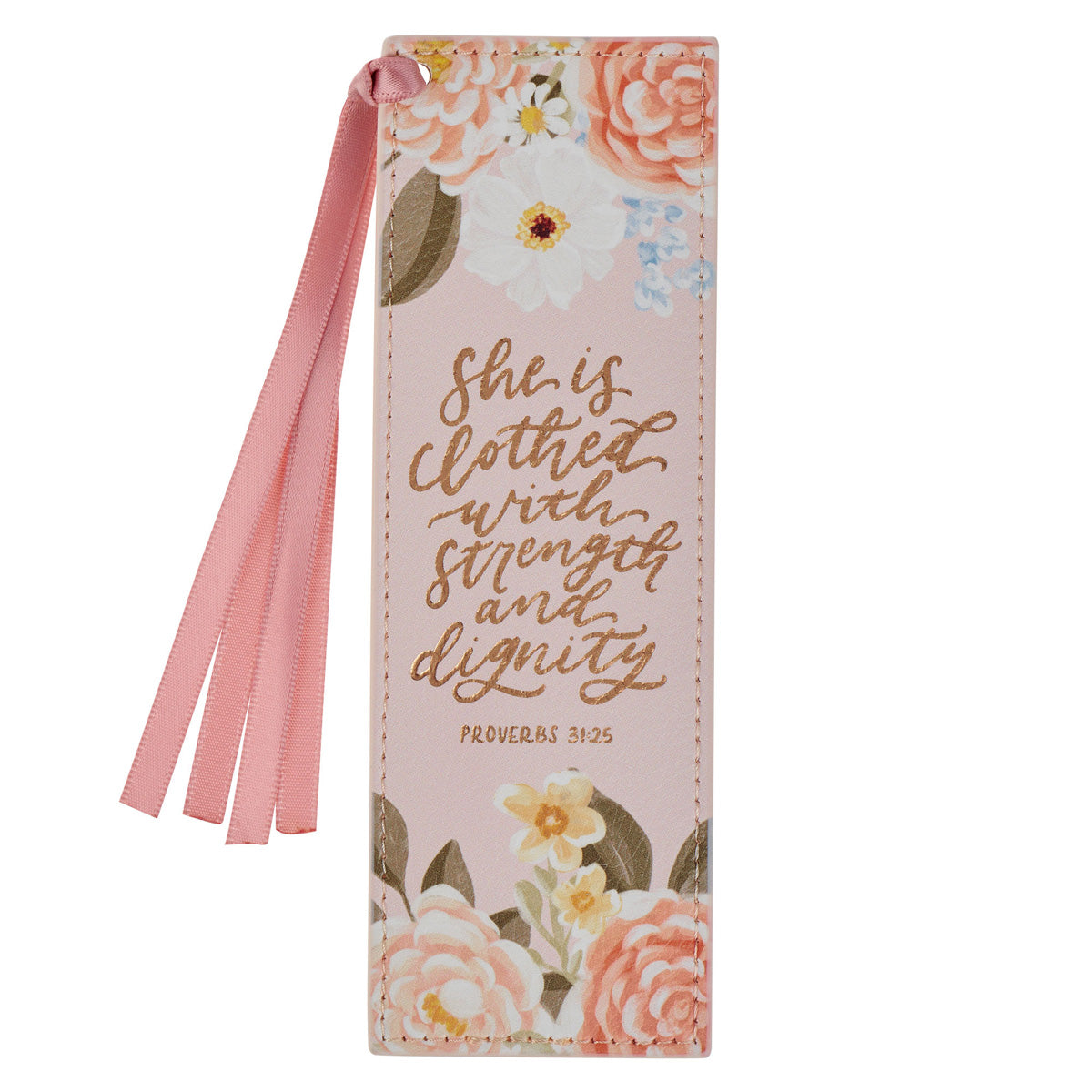 She Is Clothed with Strength and Dignity Pink Faux Leather Bookmark