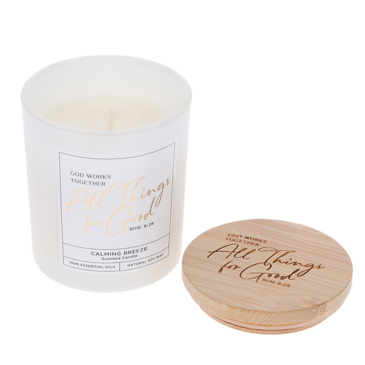 God Works Together All Things for Good Calming Breeze Scented Candle with Bamboo Lid