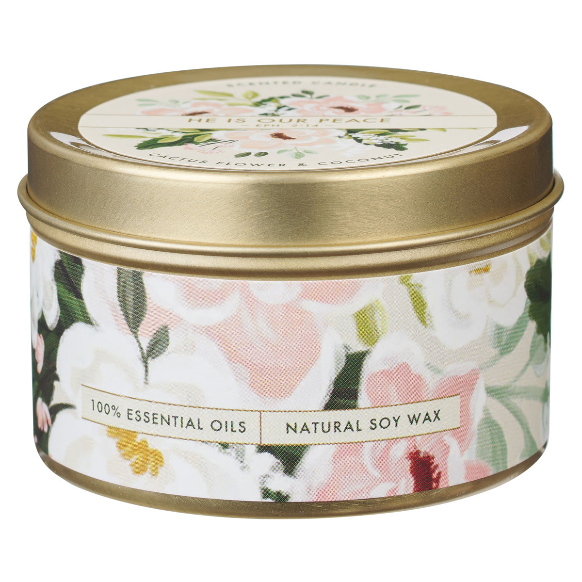 He Is Our Peace Cactus Flower and Coconut Scented Candle in Tin