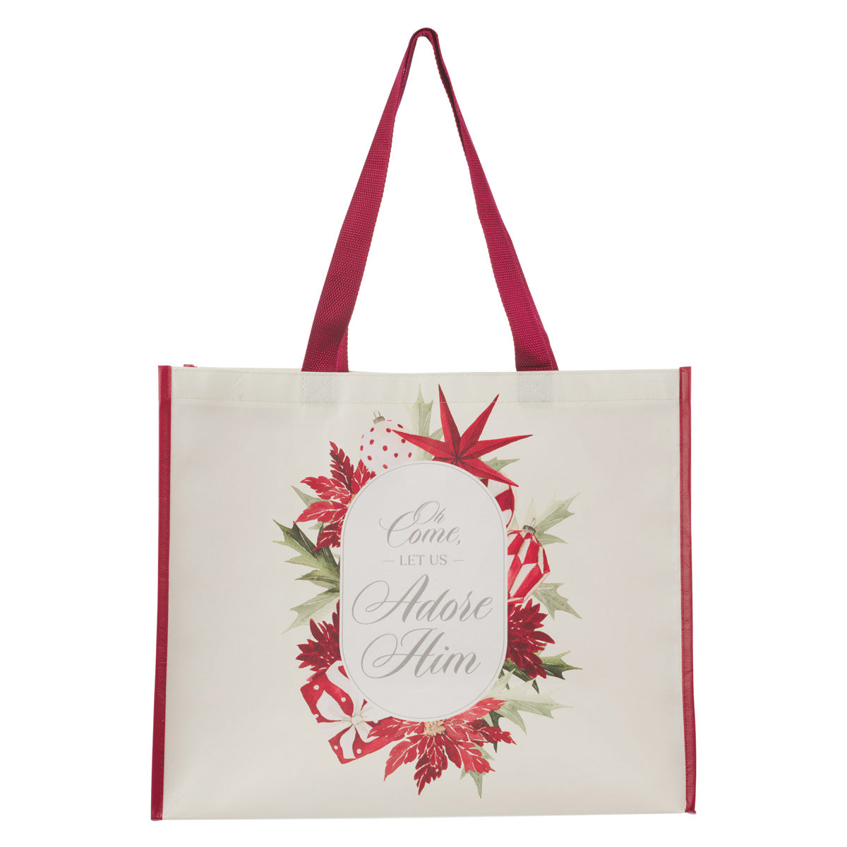 Oh Come, Let Us Adore Him Cream and Red Non-Woven Extra Large Tote Bag