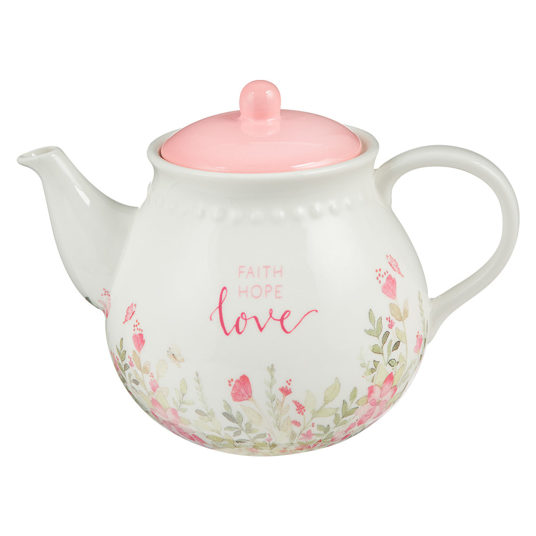 Pink Faith Hope Love Floral Ceramic Tea Pot