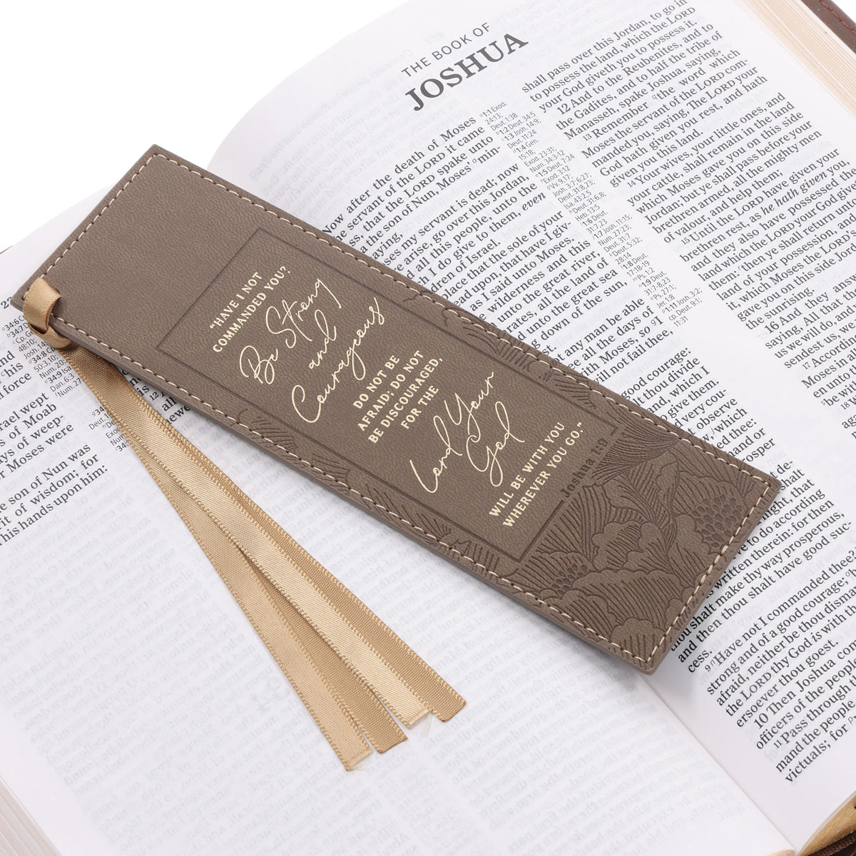 Be Strong and Courageous Latte Faux Leather Bookmark