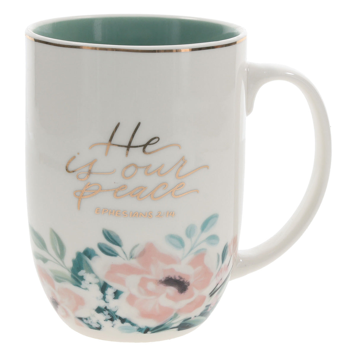 He Is Our Peace Ceramic Mug with Green Interior