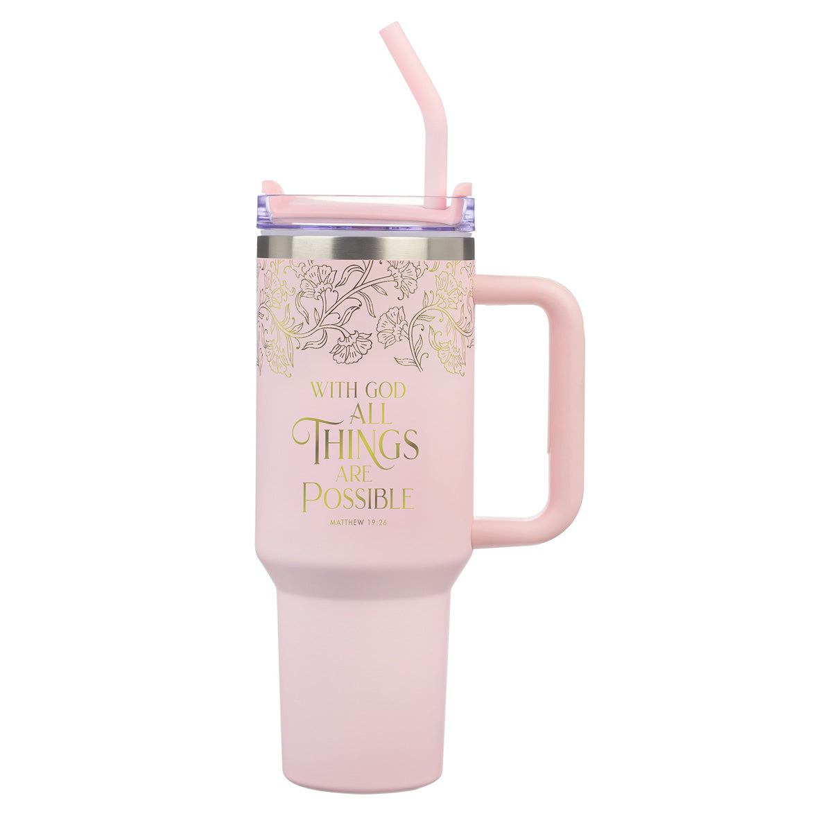 With God All Things Are Possible Pink Large Stainless Steel Mug with Handle and Straw
