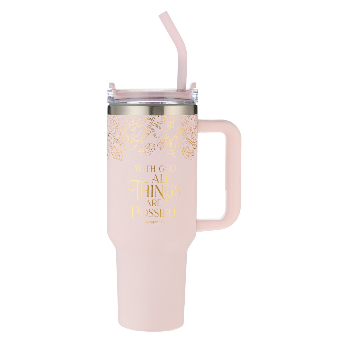 With God All Things Are Possible Pink Large Stainless Steel Mug with Handle and Straw
