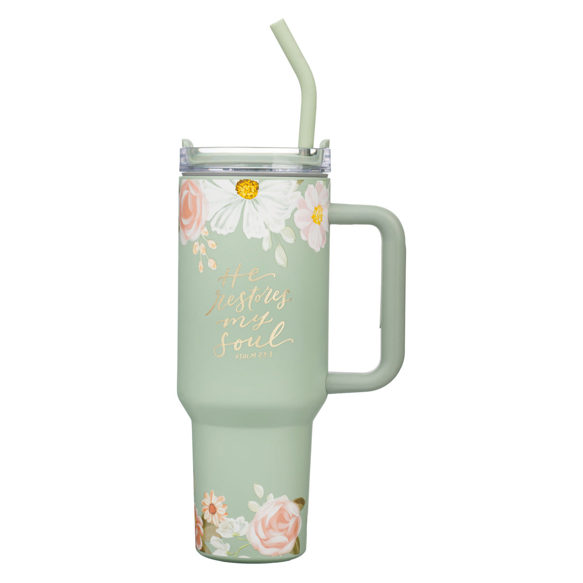 He Restores My Soul Large Stainless Steel Mug with Handle and Straw