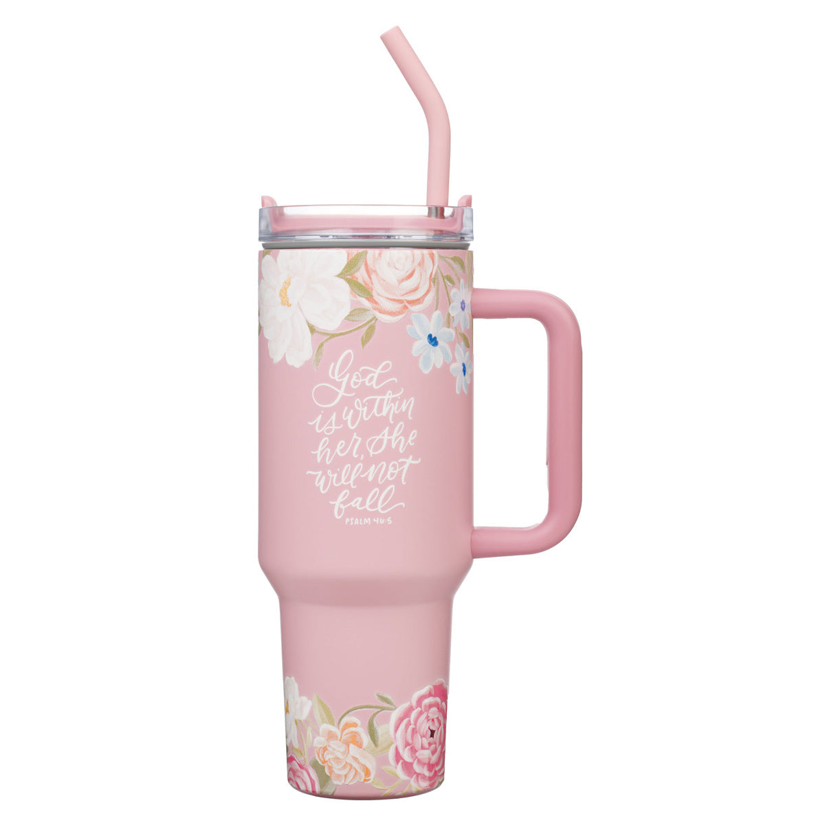 God Is Within Her, She Will Not Fall Large Stainless Steel Mug with Handle and Straw