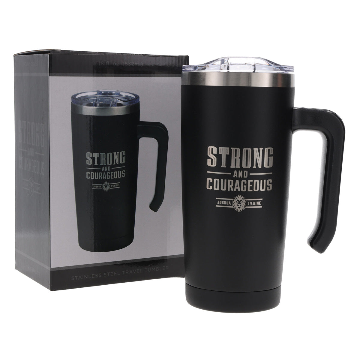 Strong and Courageous Black Stainless Steel Travel Mug with Handle