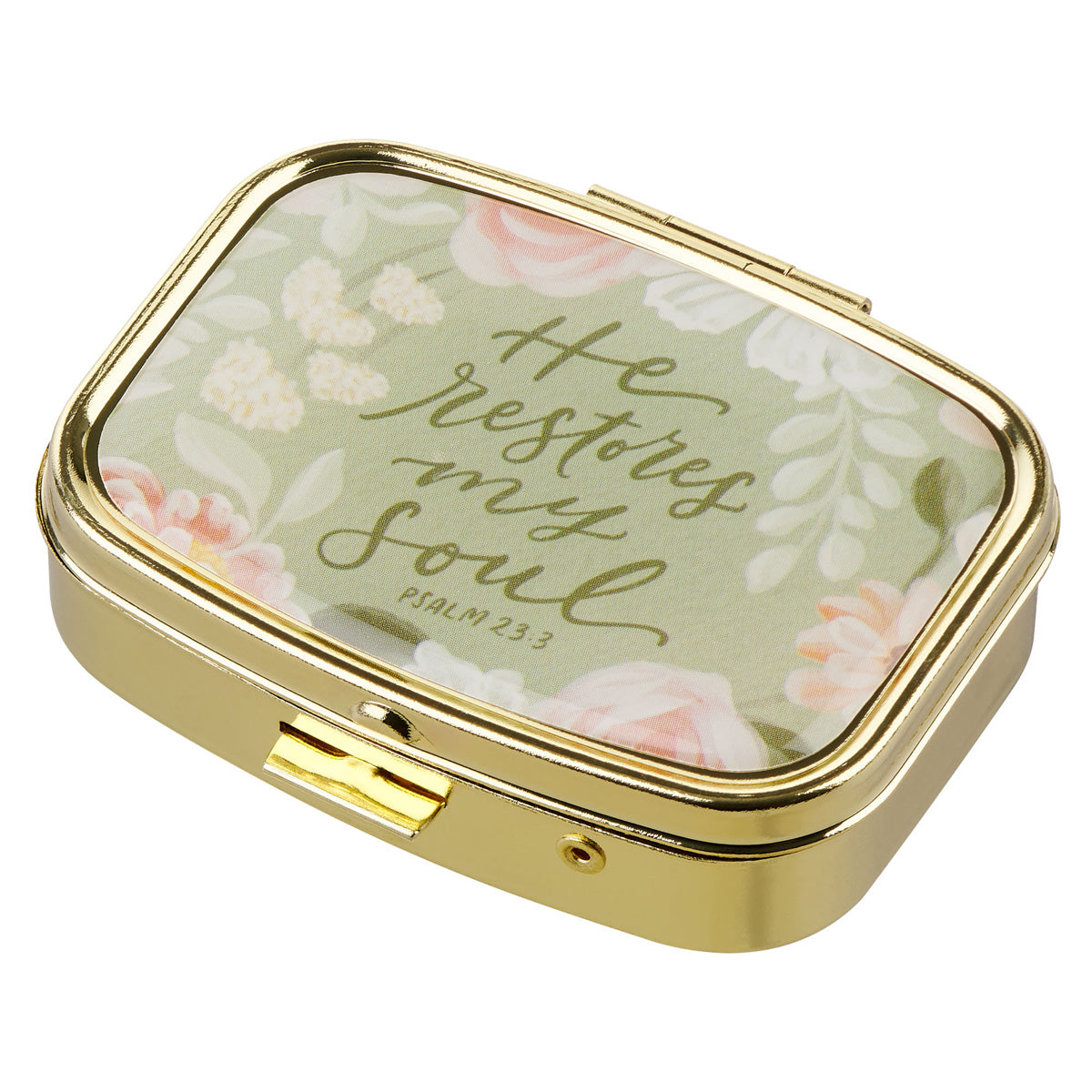 He Restores My Soul Epoxy Gold Metal Pill Case with Mirror