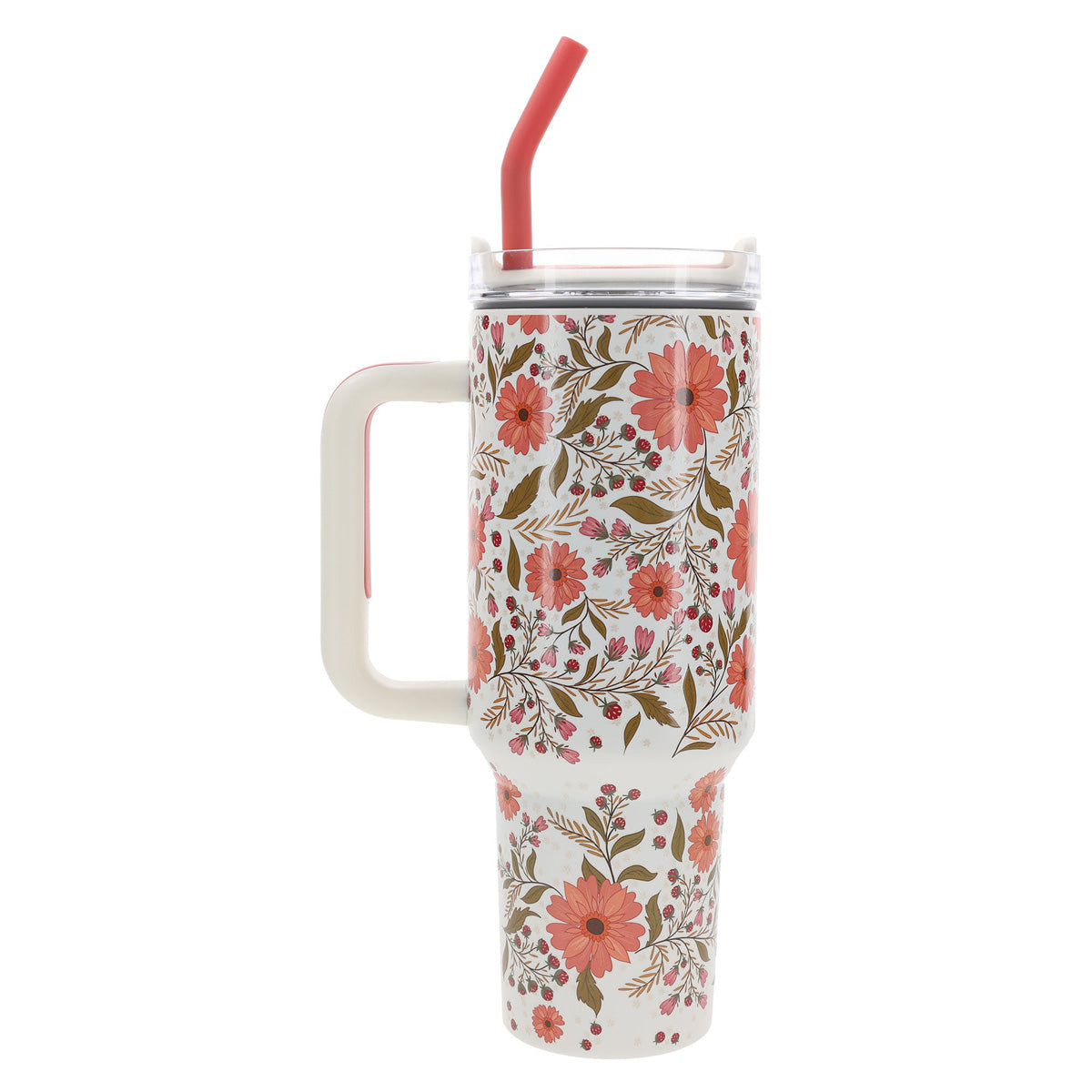 Those Who Trust in the Lord Coral Floral Large Stainless Steel Mug with Handle and Straw