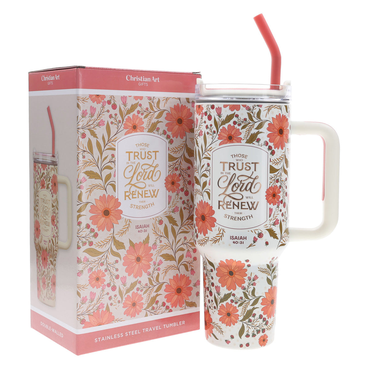 Those Who Trust in the Lord Coral Floral Large Stainless Steel Mug with Handle and Straw