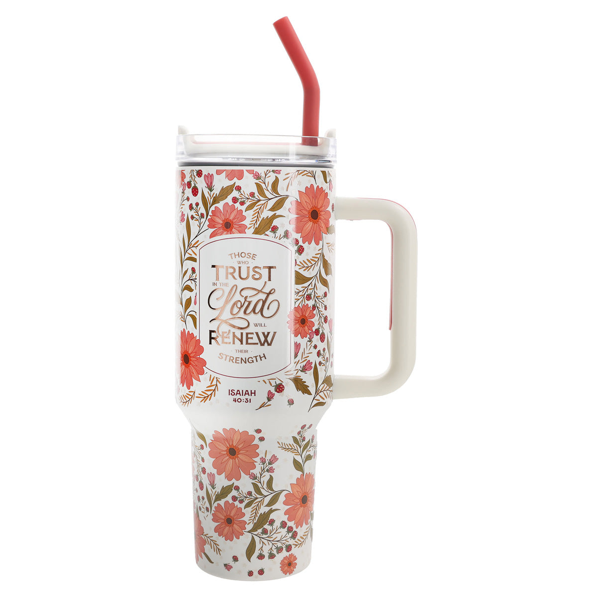 Travel Mug - Those Who Trust in the Lord (Stainless Steel, Coral Floral, Large)