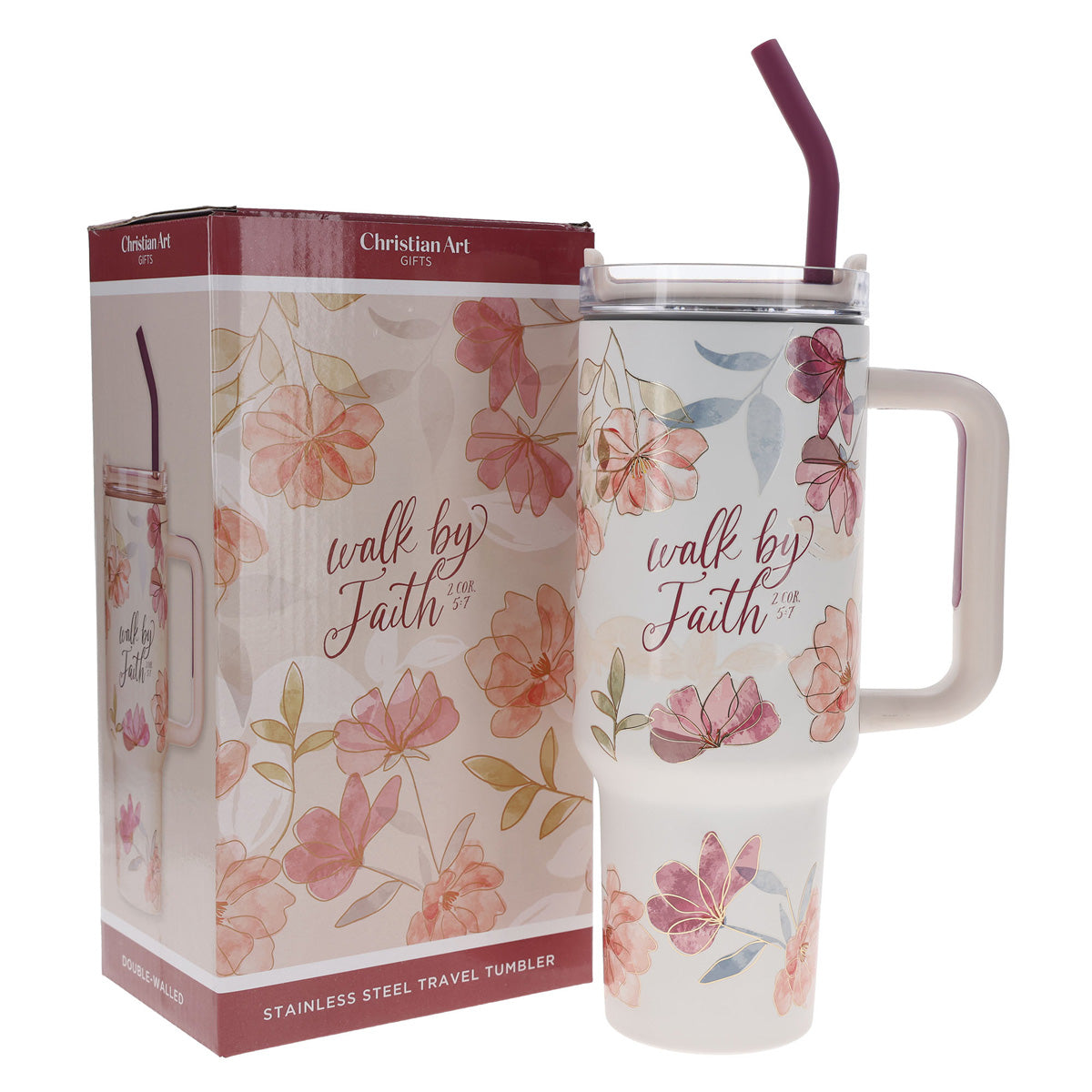 Walk by Faith White Floral Large Stainless Steel Mug with Handle and Straw