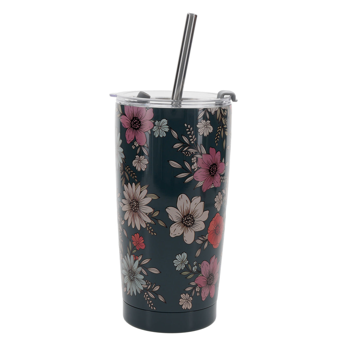 Be Still and Know Teal Floral Stainless Steel Travel Mug with Straw