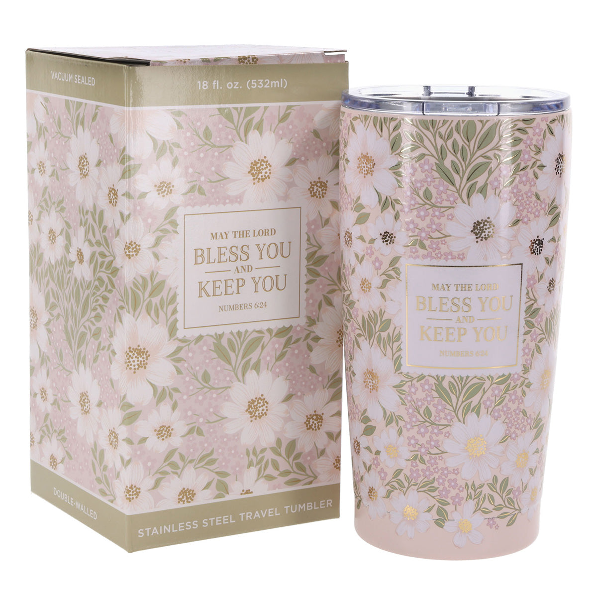 Travel Mug - May the Lord Bless You (Stainless Steel, Pink Floral, with Straw)