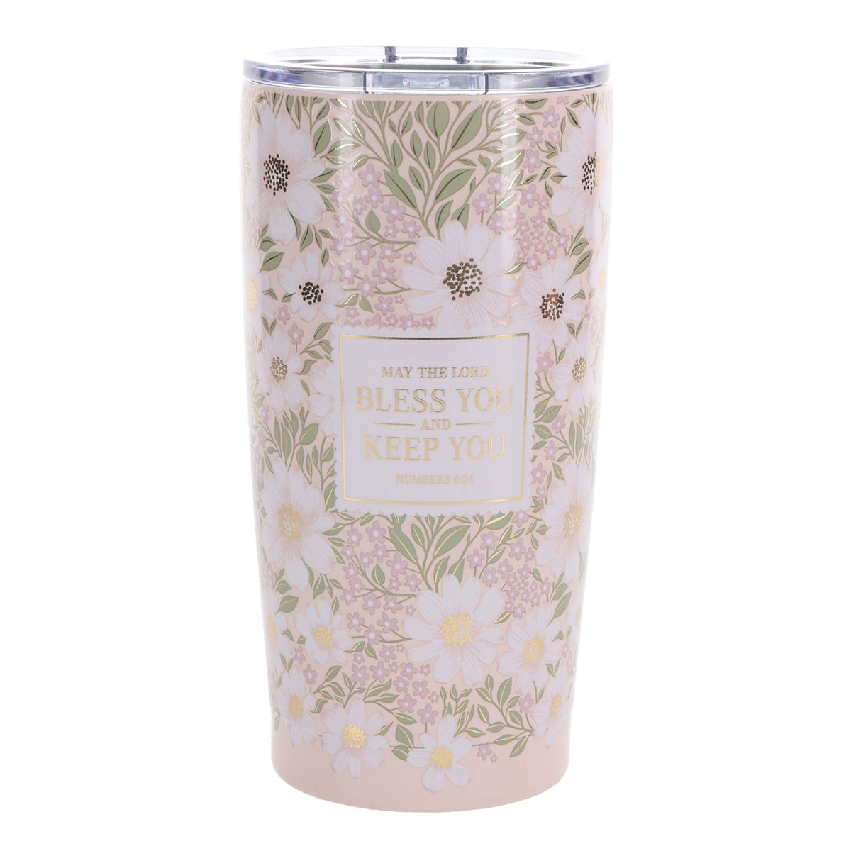 Travel Mug - May the Lord Bless You (Stainless Steel, Pink Floral, with Straw)