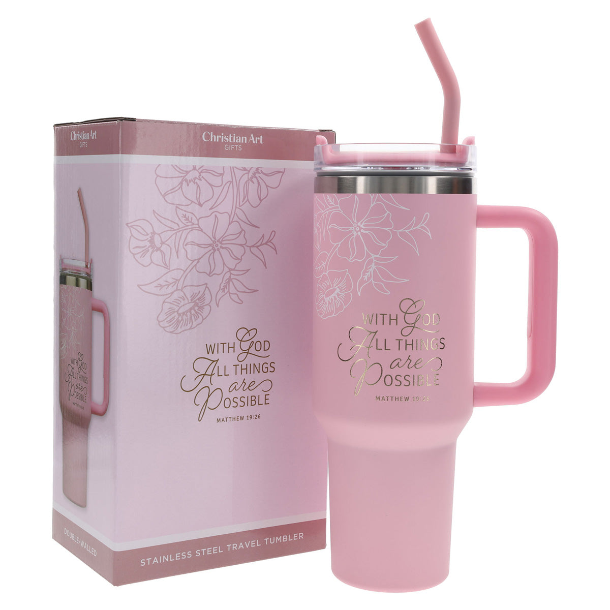 Travel Mug - All Things Are Possible (Stainless Steel, Pink, Large, Handle & Straw)