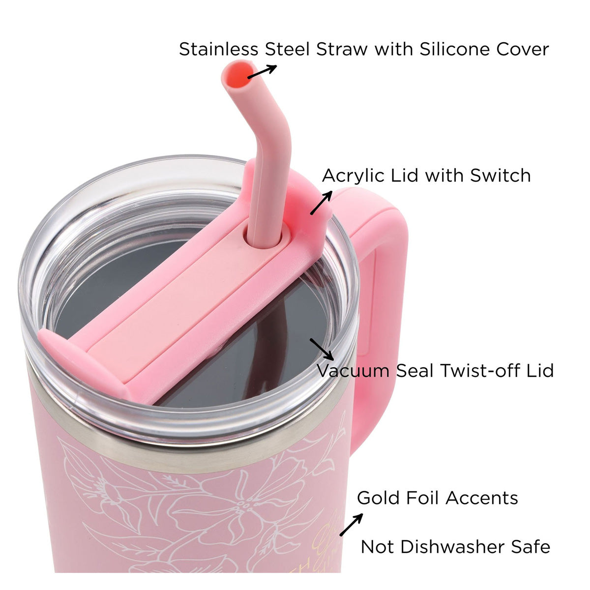 Travel Mug - All Things Are Possible (Stainless Steel, Pink, Large, Handle & Straw)