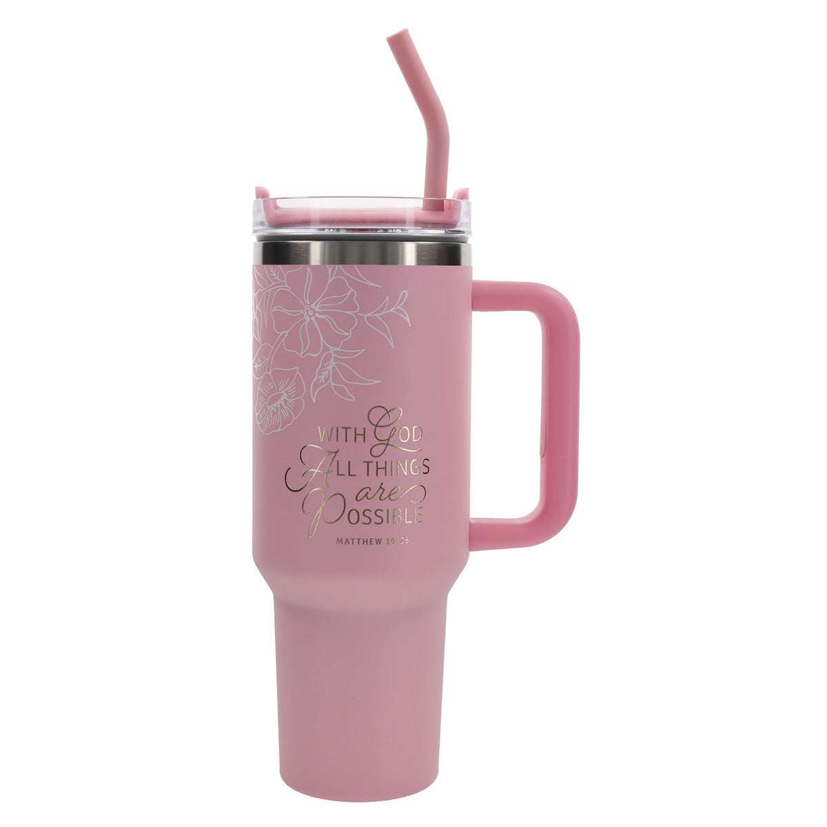 With God All Things Are Possible Pink Large Stainless Steel Mug with Handle and Straw