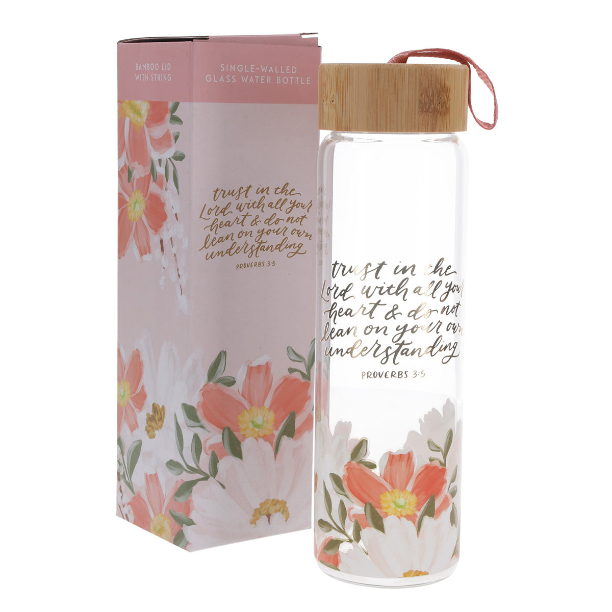 Trust in the Lord with All Your Heart Floral Glass Water Bottle with Bamboo Lid