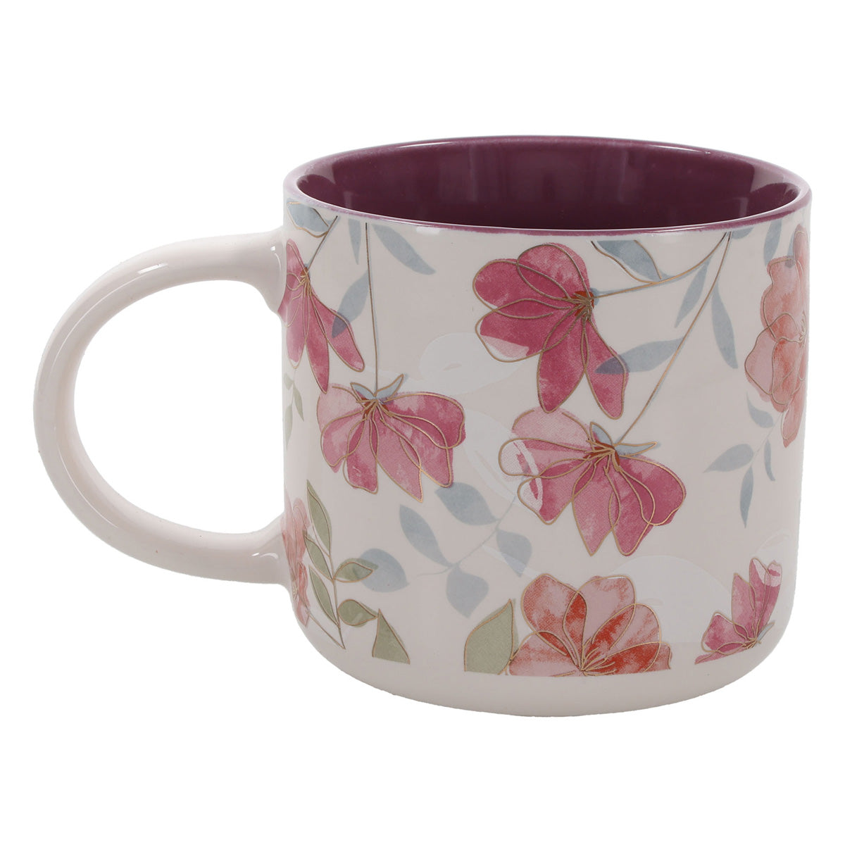 Walk by Faith White Floral Ceramic Mug with Dark Mauve Interior
