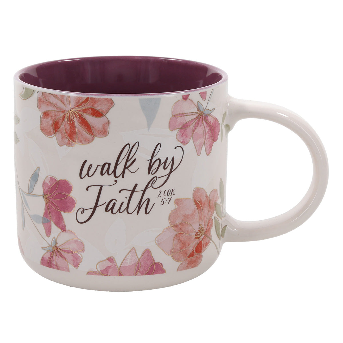 Walk by Faith White Floral Ceramic Mug with Dark Mauve Interior
