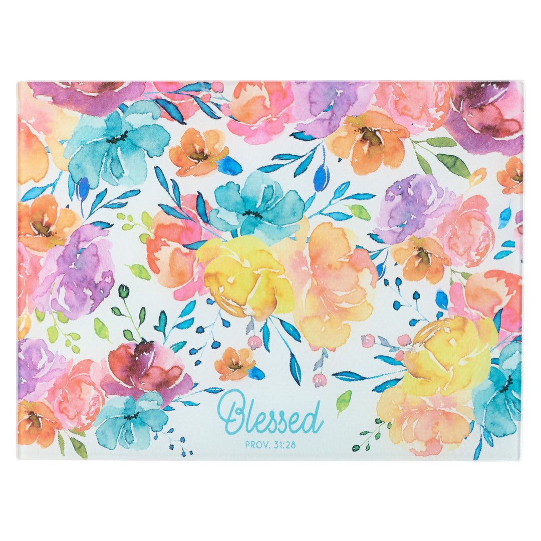 Blessed Floral Large Glass Cutting Board - Proverbs 31:28