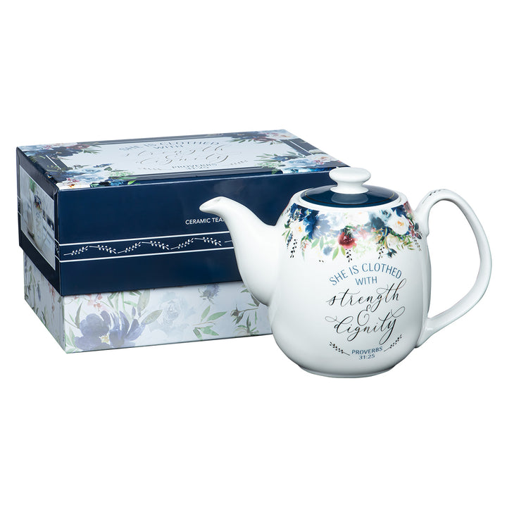 She Is Clothed With Strength & Dignity Ceramic Tea Pot - Proverbs 31:25