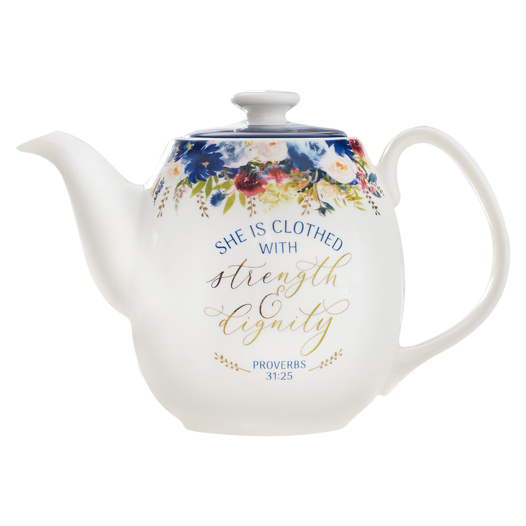 She Is Clothed With Strength & Dignity Ceramic Tea Pot - Proverbs 31:25