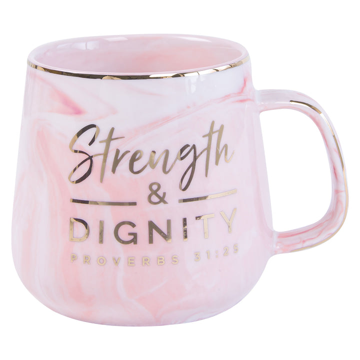 Strength & Dignity Pink Marbled Ceramic Mug - Proverbs 31:25