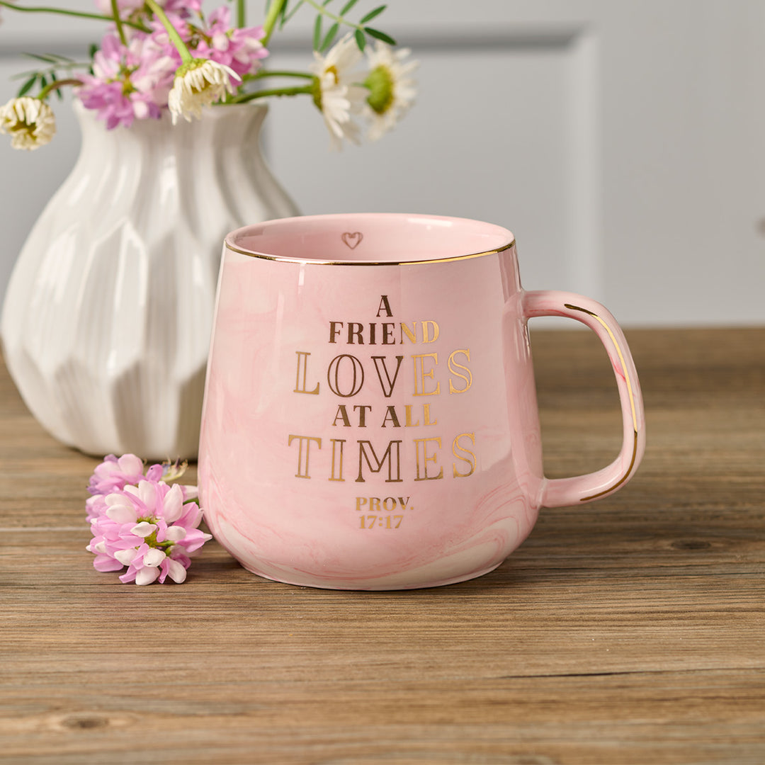 A Friend Loves At All Times Pink Marbled Ceramic Mug - Prov. 17:17