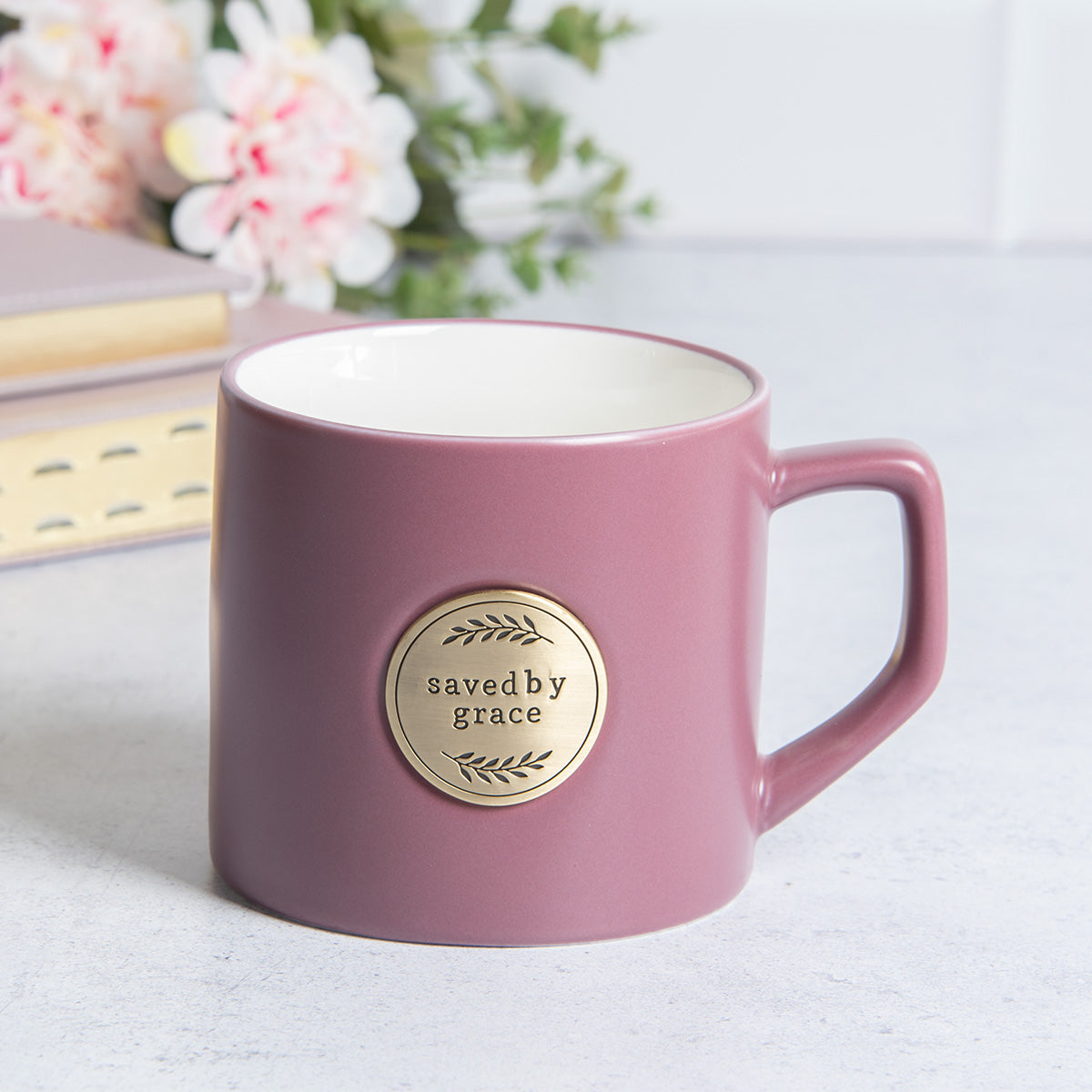 Saved By Grace Ceramic Mug with Metal Badge