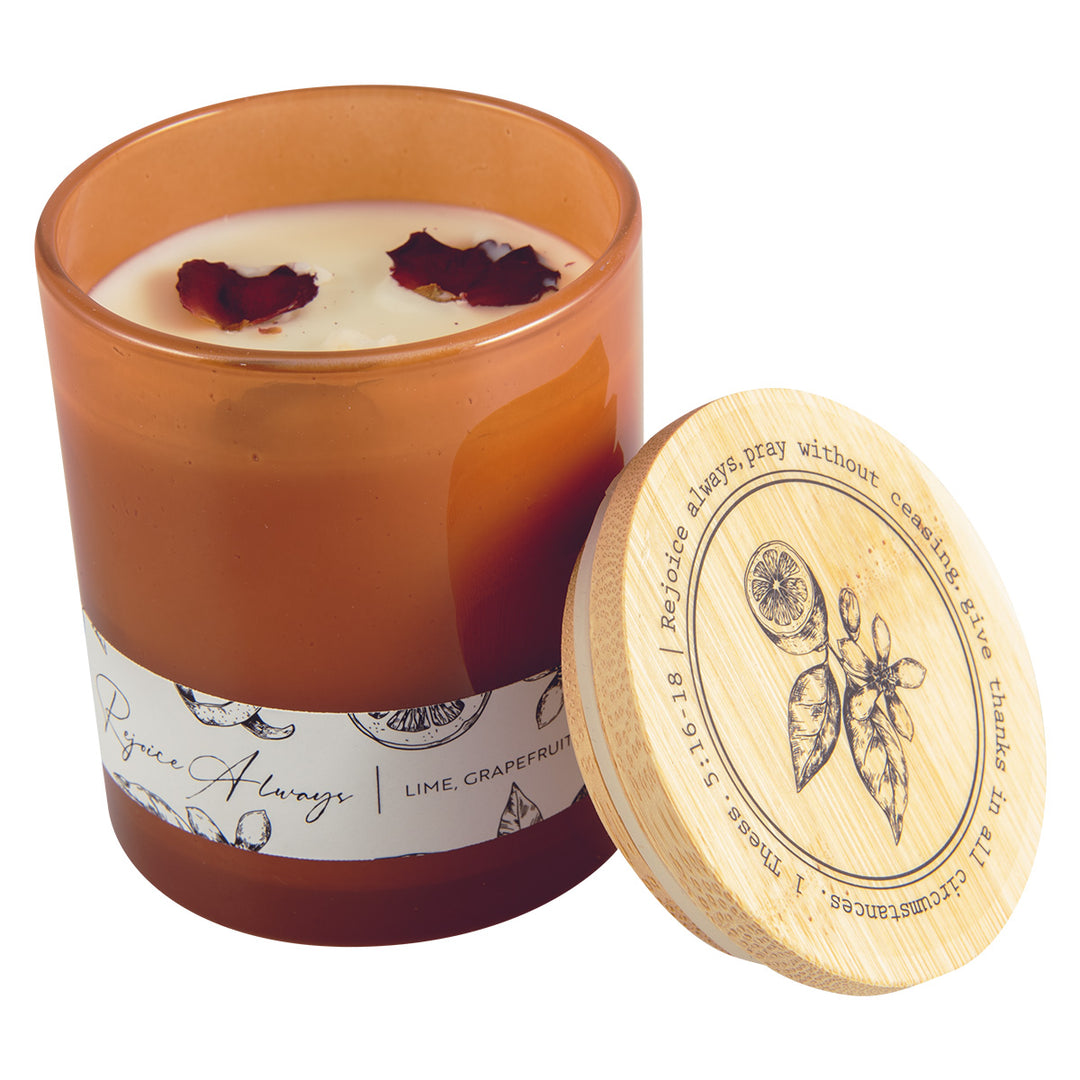 Rejoice Always Lime, Grapefruit & Lemon Scented Candle With Bamboo Lid - 1 Thess 5:16-18