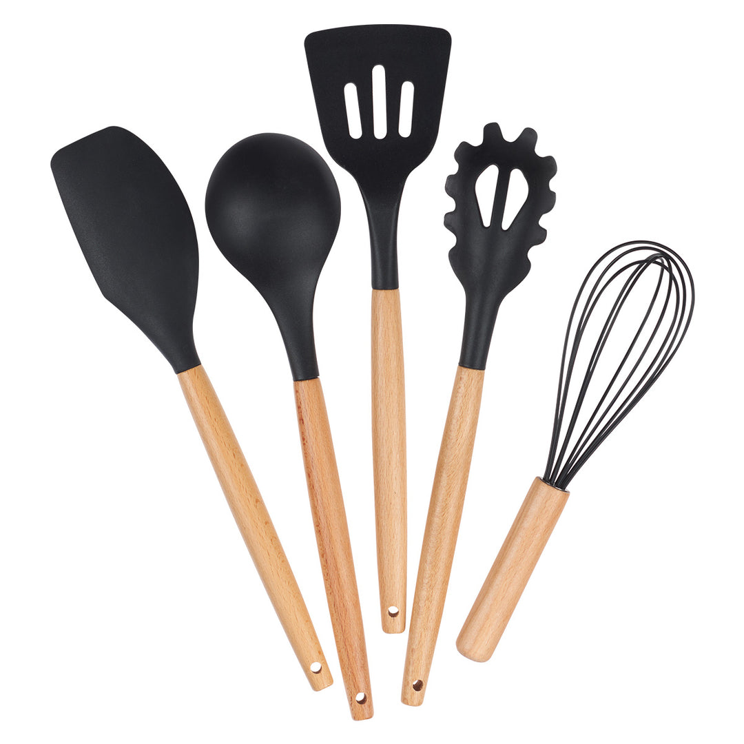 Black Wood And Silicone 5-Piece Utensil Set