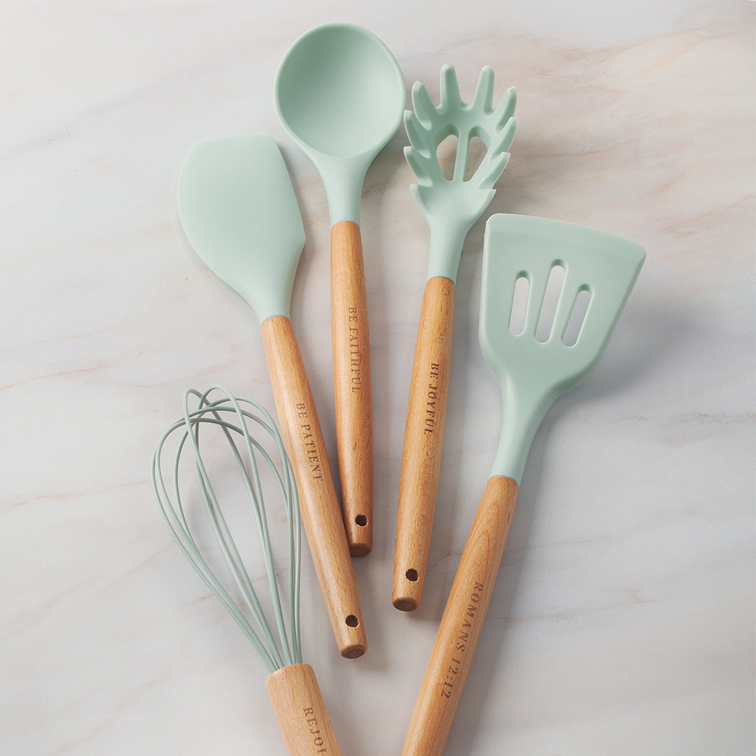 Green Wood And Silicone 5-Piece Utensil Set