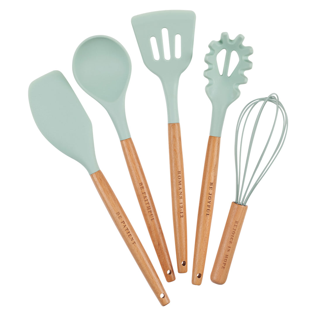 Green Wood And Silicone 5-Piece Utensil Set