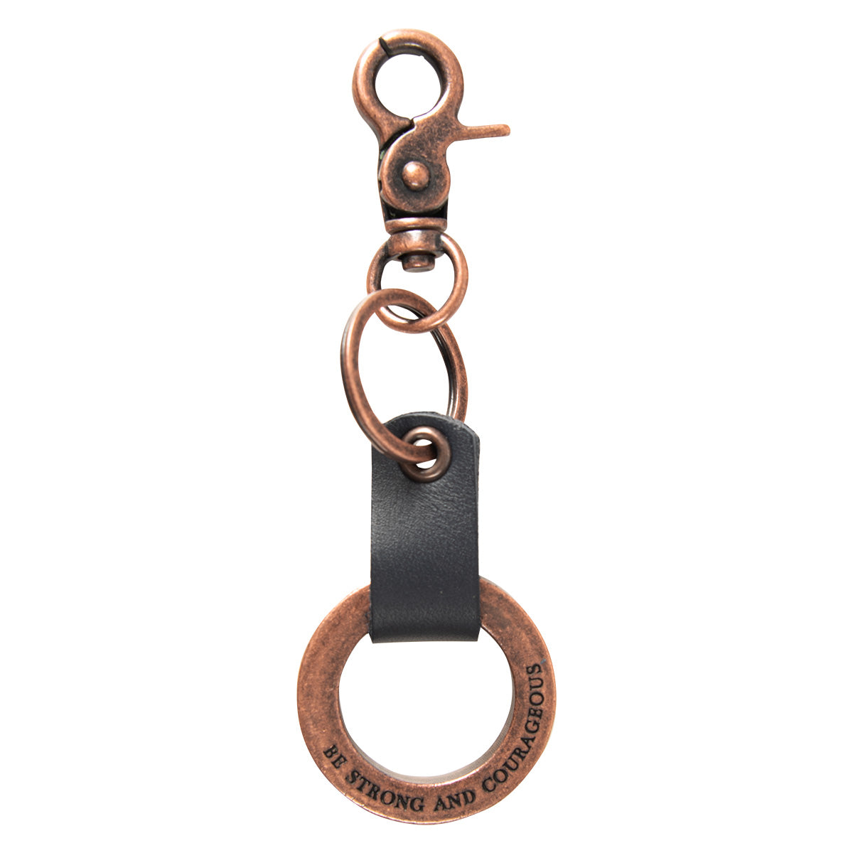 Be Strong and Courageous Metal Key Ring with Genuine Leather Detail